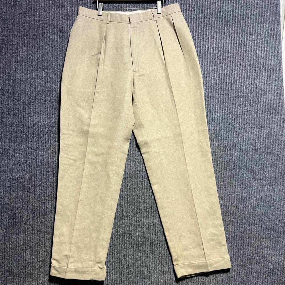 Polo Ralph Lauren Pleated Trousers Mens 34 Beige Linen Blend Herringbone Cuffed